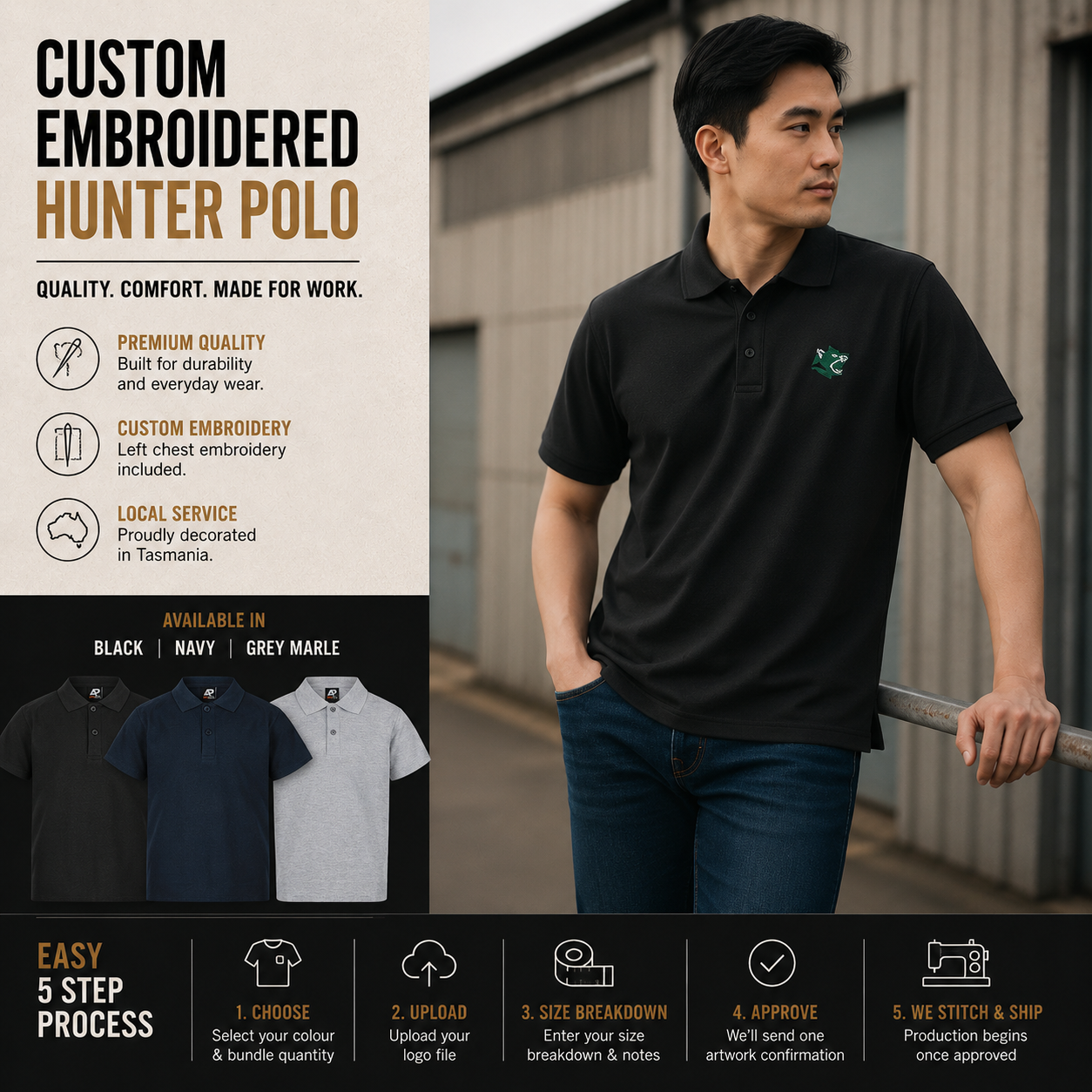 Custom AP Hunter Polo Packs — Your Logo, Embroidered Locally