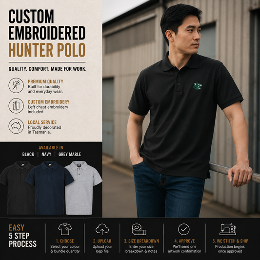 Custom AP Hunter Polo Packs — Your Logo, Embroidered Locally