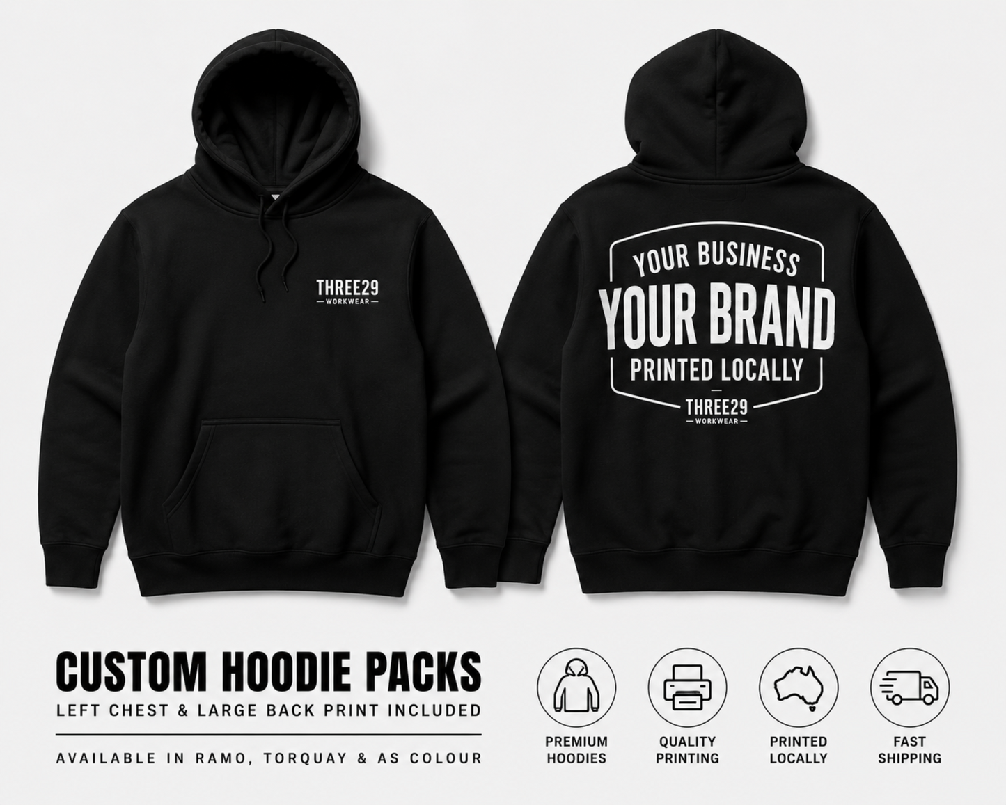 Black hoodie with front and back prints on a white background