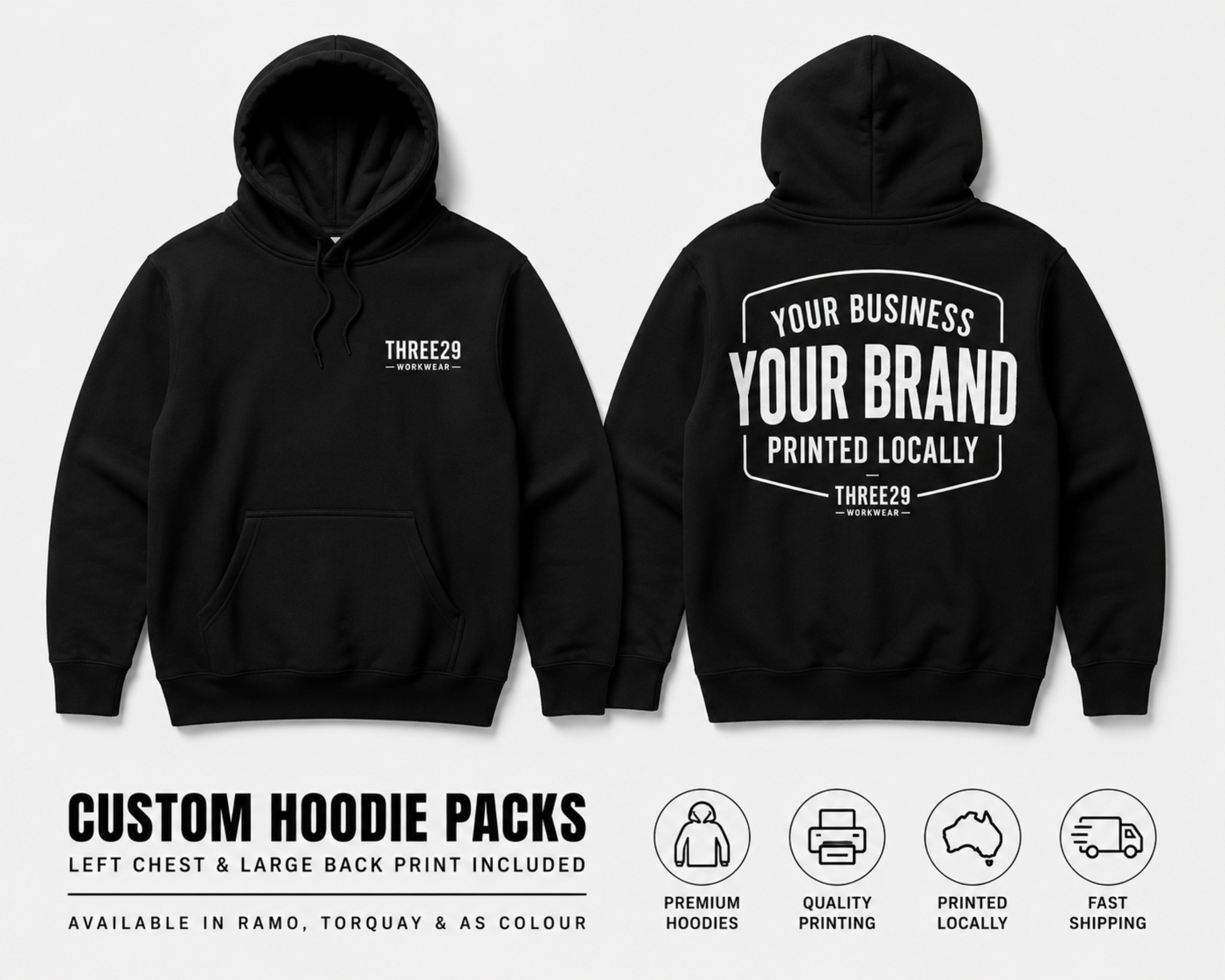 Black hoodie with front and back prints on a white background