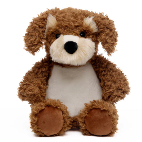 Brown cockapoo dog with a white belly on a white background