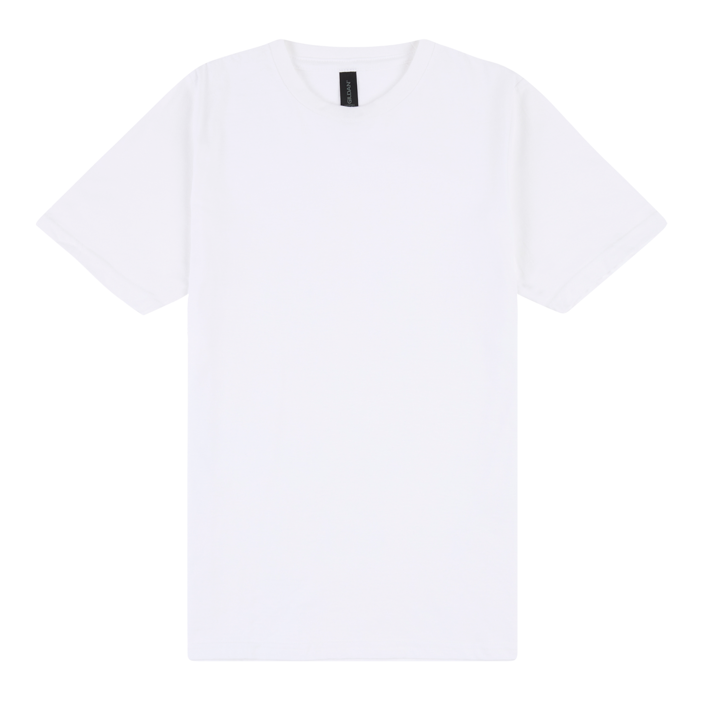 White t-shirt with a small black logo on a white background