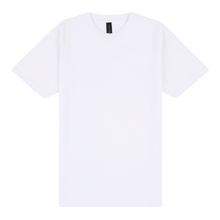 Load image into Gallery viewer, White t-shirt with a small black logo on a white background
