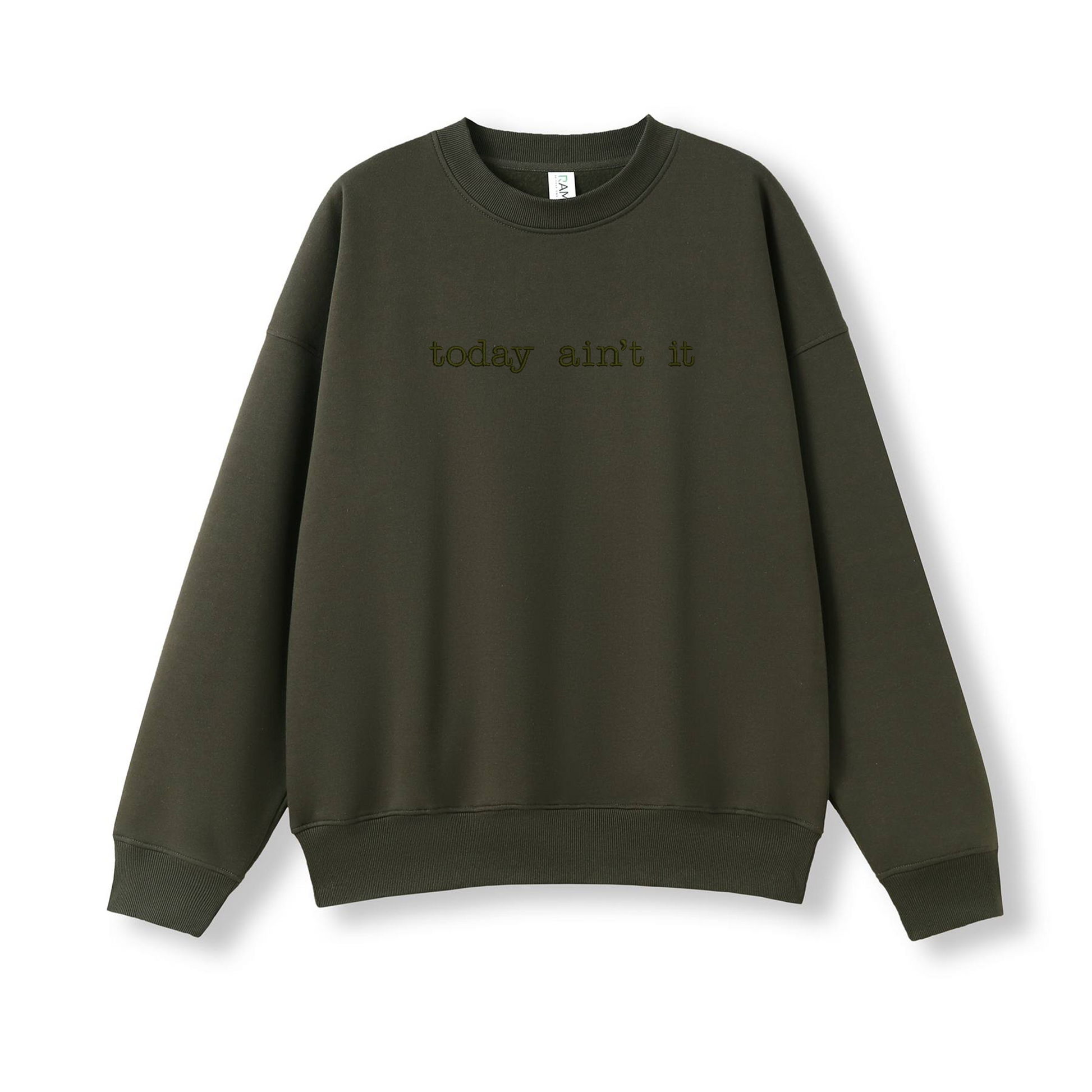 Green sweatshirt with text on a white background