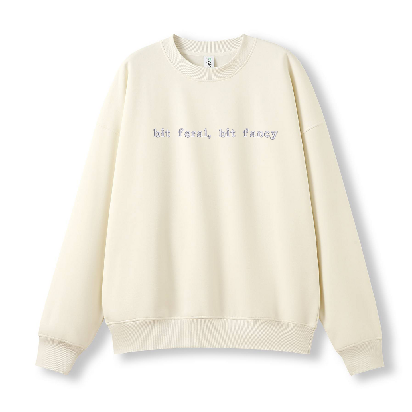 Beige sweatshirt with text on a white background