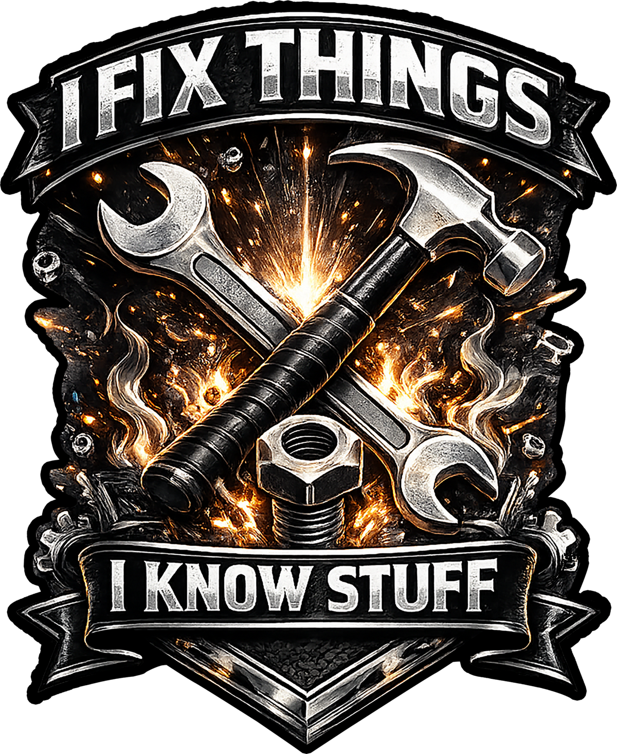 A shield-shaped graphic with crossed wrenches and a hammer over bright sparks, featuring the text 'IF I FIX THINGS' at the top and 'I KNOW STUFF' at the bottom.