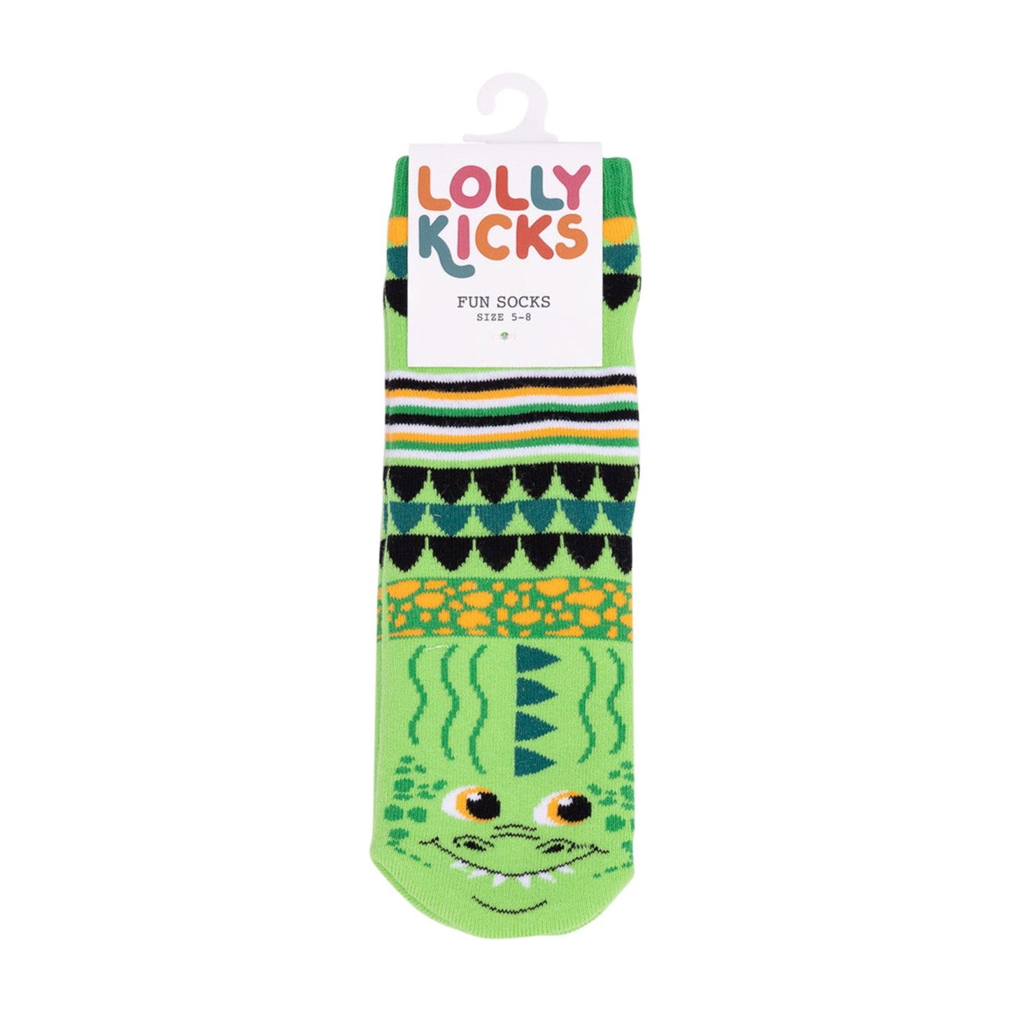 Green children's sock with crocodile design on a white background, featuring 'Lolly Kicks' branding.