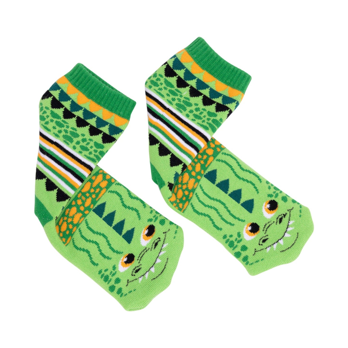 Set of green children's socks with crocodile design on a white background