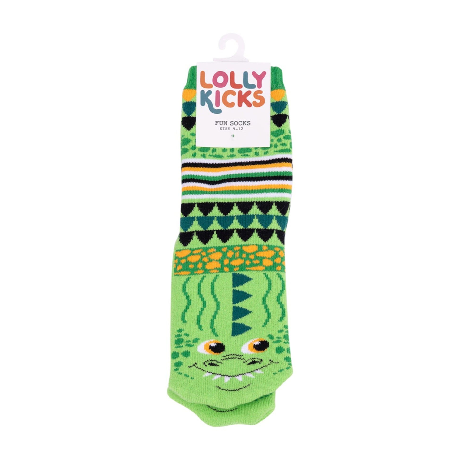 Green children's sock with crocodile design on a white background, featuring 'Lolly Kicks' branding.