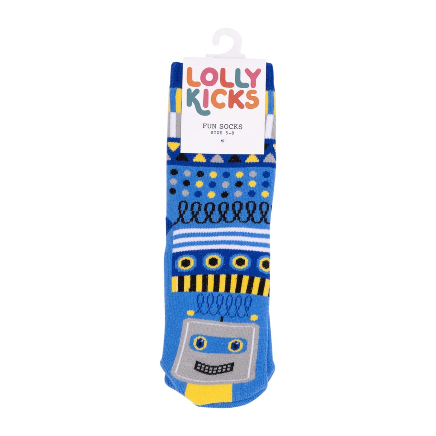 Colorful children's socks with robot design on a white background, featuring 'Lolly Kicks' branding.