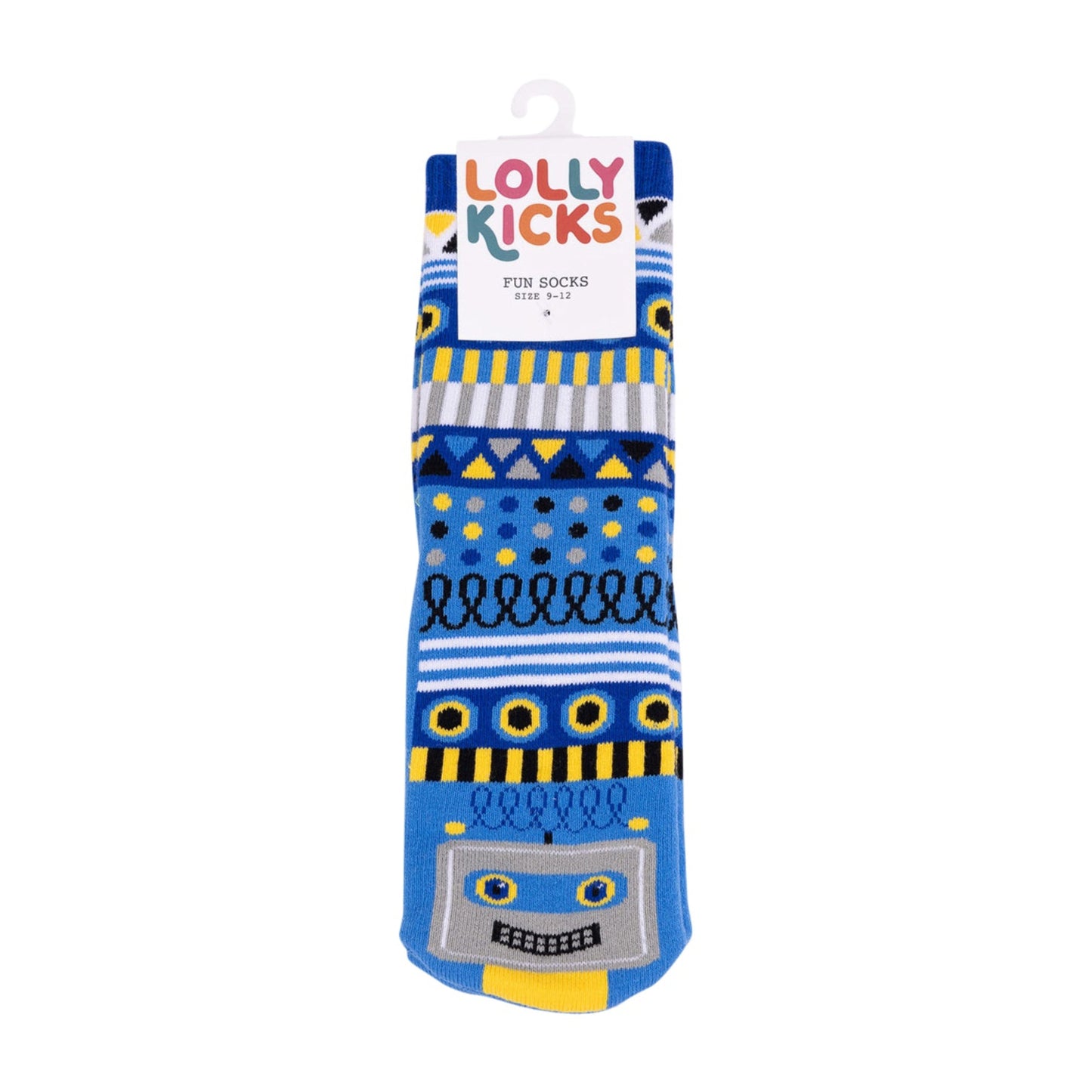 Colorful socks with robot design on a white background, featuring the brand 'Lolly Kicks'.