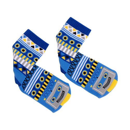 Pair of blue socks with robot design on a white background