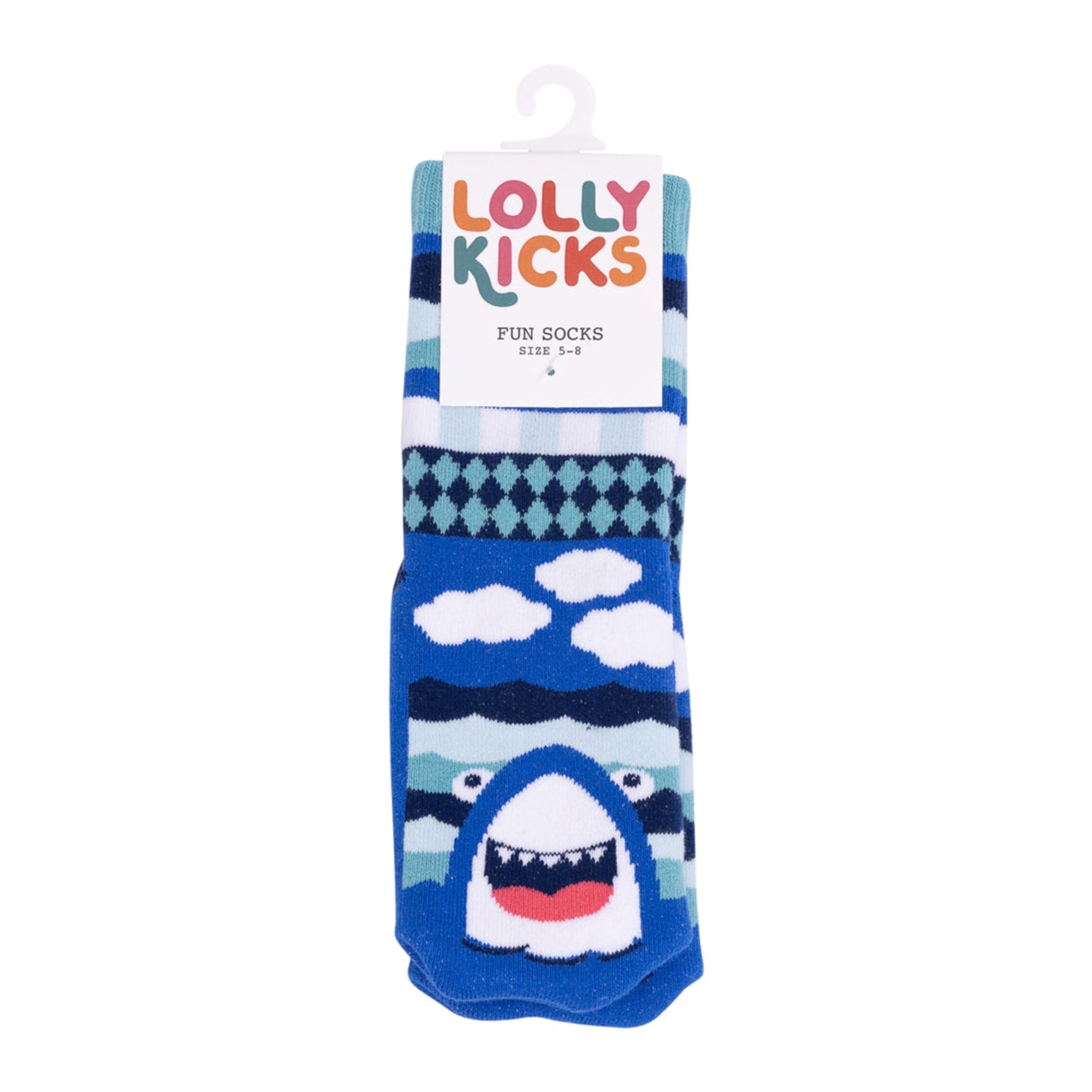 Pack of children's socks with shark design and 'Lolly Kicks' branding on a white background