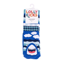 Load image into Gallery viewer, Pack of children&#39;s socks with shark design and &#39;Lolly Kicks&#39; branding on a white background

