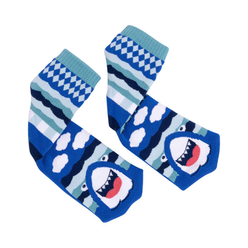 Pair of shark-themed socks with blue, white, and green pattern on a white background.