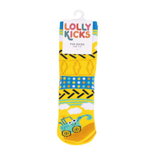Load image into Gallery viewer, Yellow children&#39;s sock with pattern and cartoon character, branded &#39;Lolly Kicks&#39;, on a white background.
