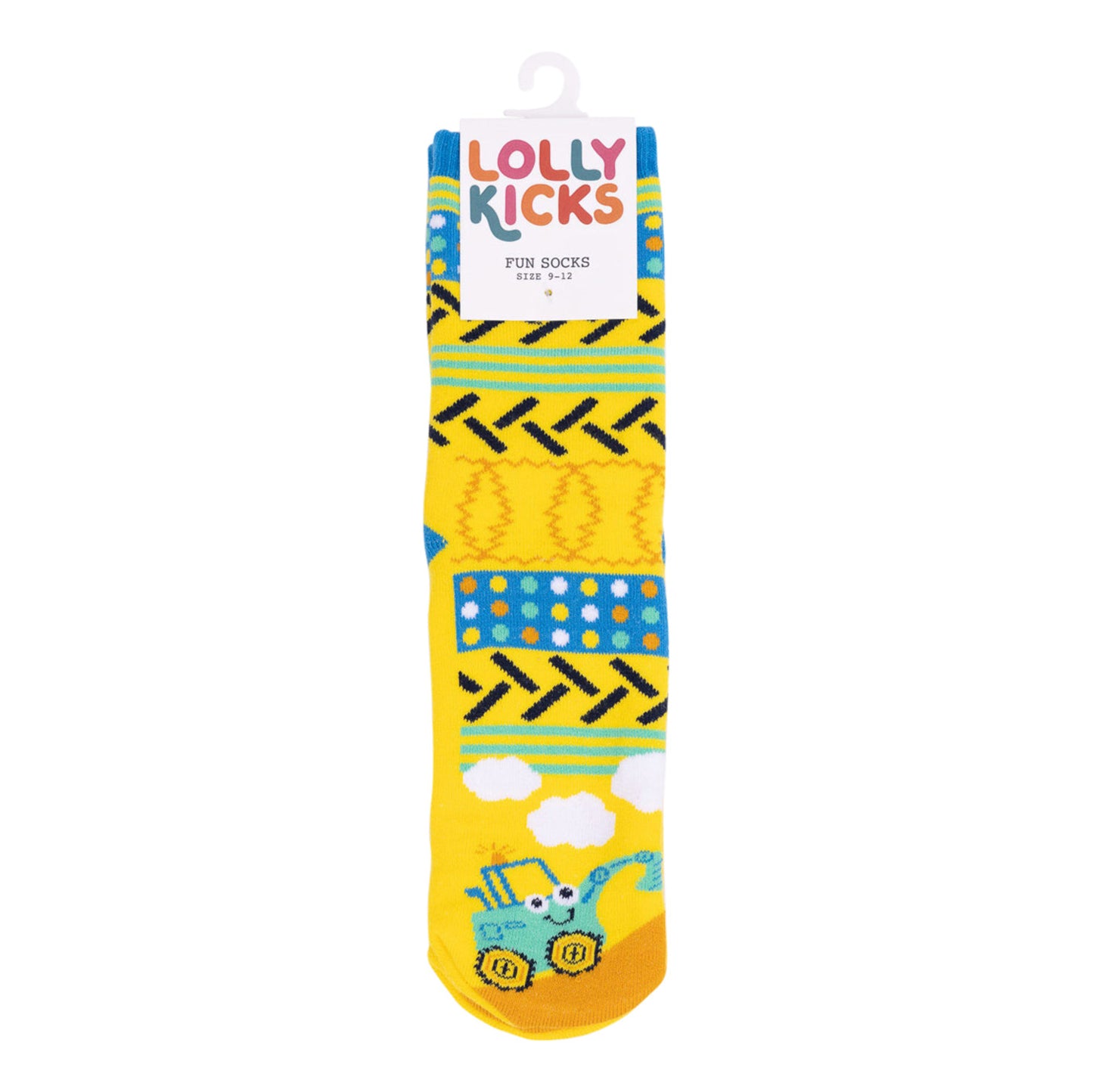 Yellow children's socks with blue and black patterns and a cartoon character on a white background. Brand 'Lolly Kicks' visible.