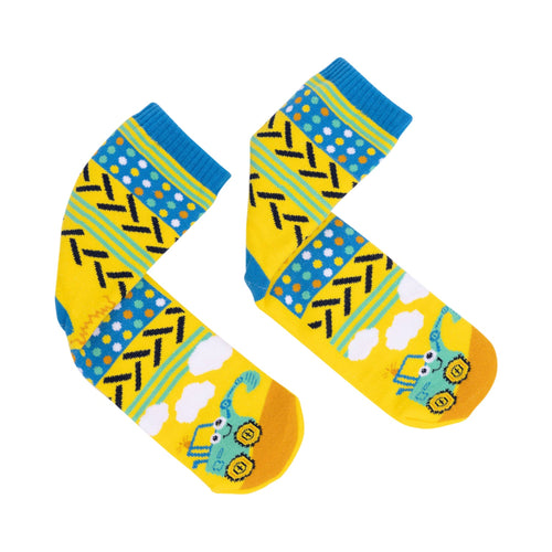 Colorful children's socks with patterns and cartoon characters on a white background