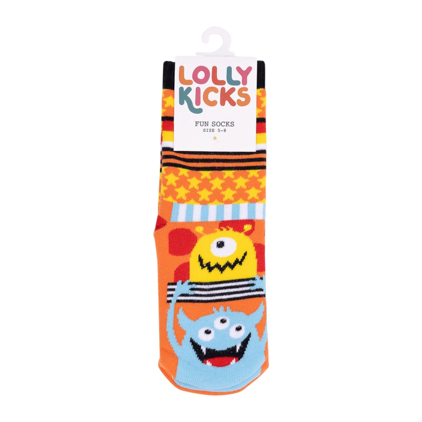 Colorful children's socks with cartoon monsters on a white background, branded 'Lolly Kicks'.