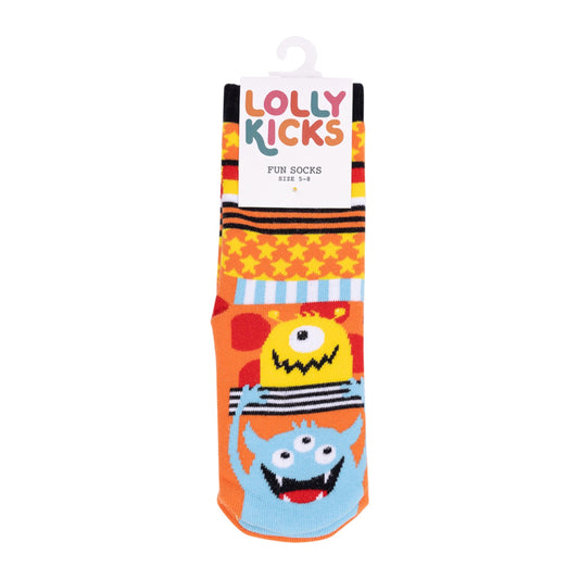 Colorful children's socks with cartoon monsters on a white background, branded 'Lolly Kicks'.