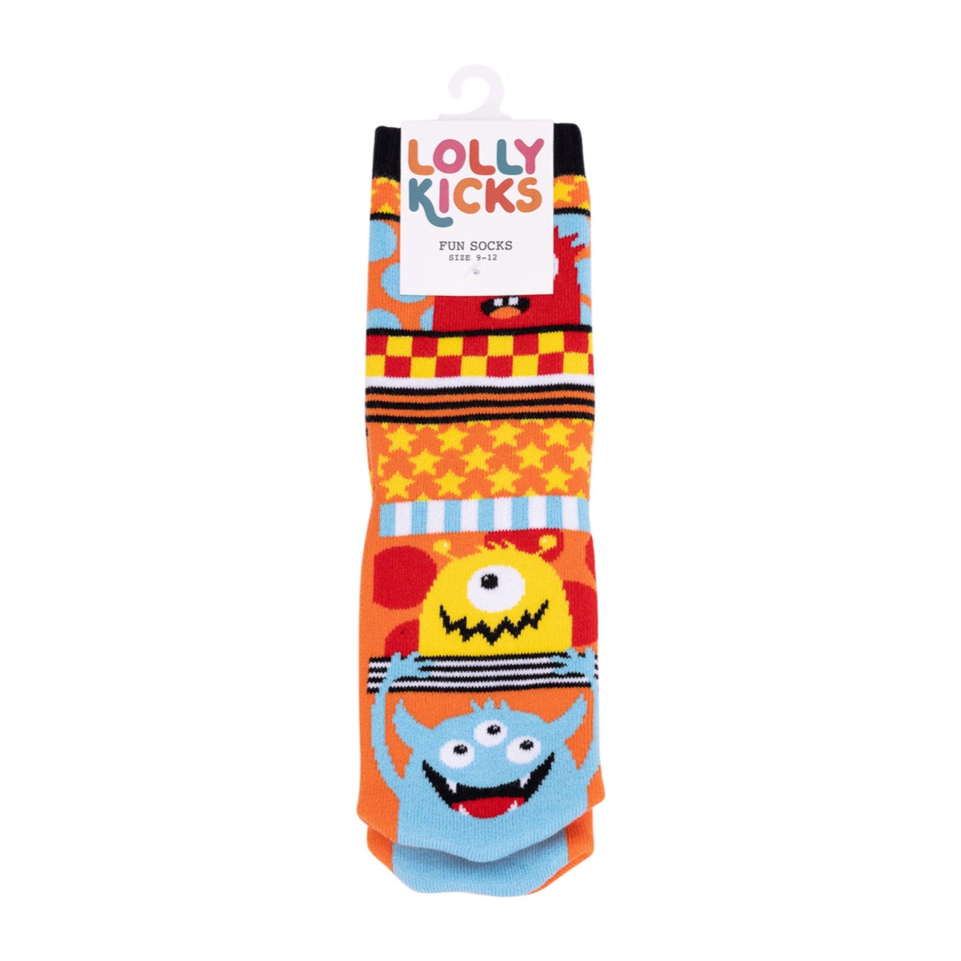 Colorful children's socks with cartoon characters on a white background, branded 'Lolly Kicks'.