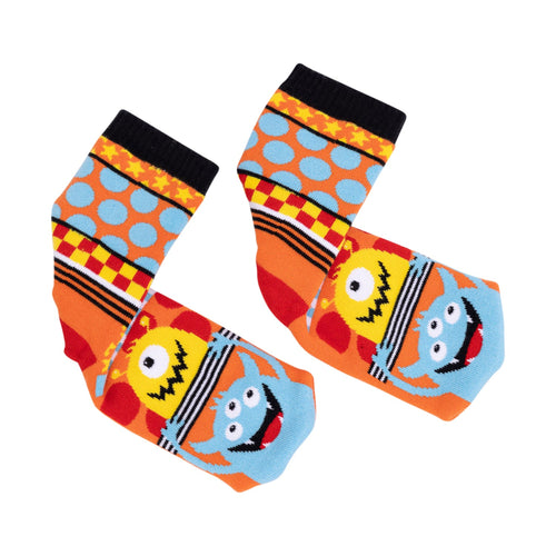 Pair of colorful children's socks with cartoon character design on a white background