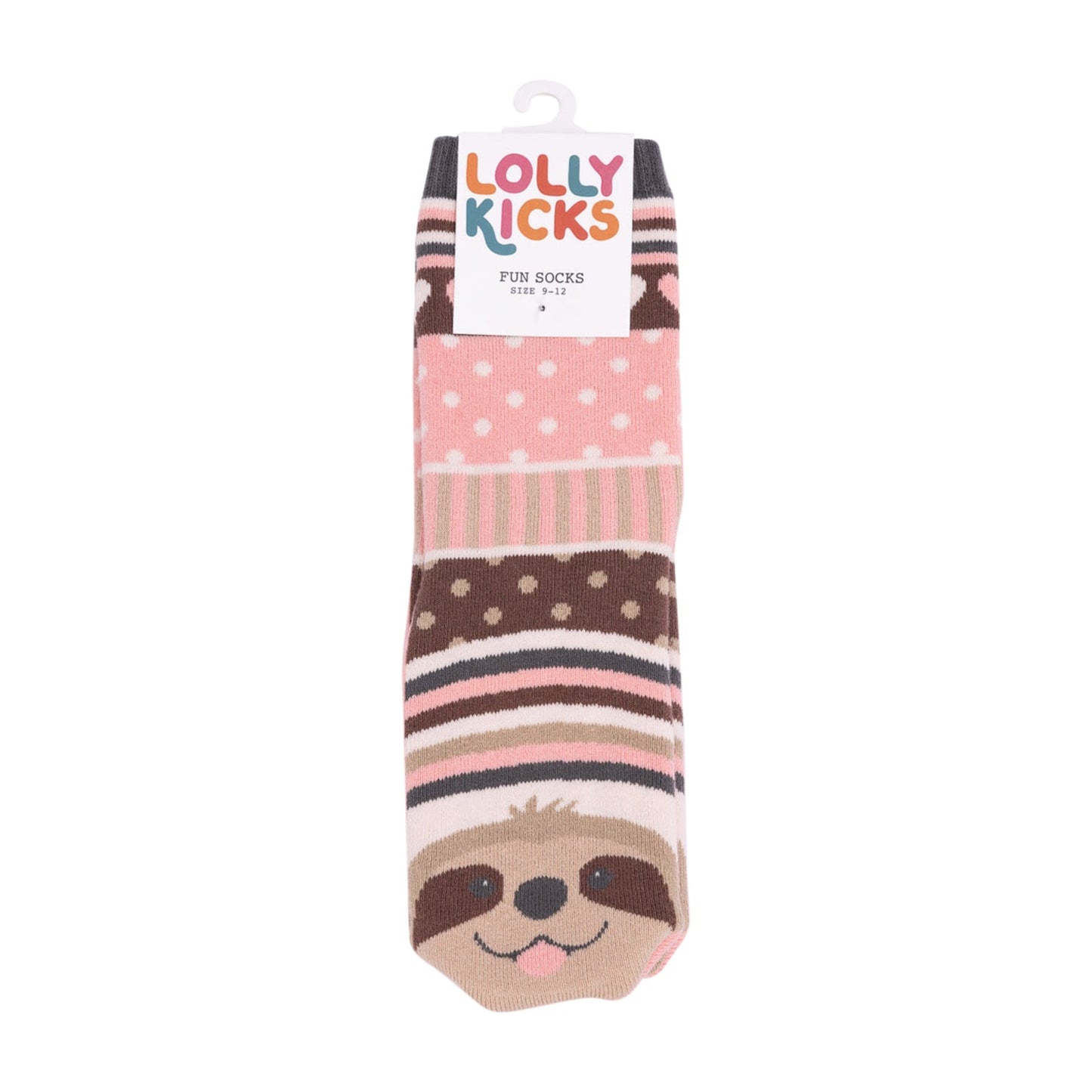 Sock with sloth design and 'Lolly Kicks' branding on a white background