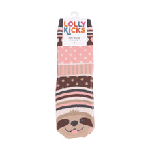 Load image into Gallery viewer, Sock with sloth design and &#39;Lolly Kicks&#39; branding on a white background
