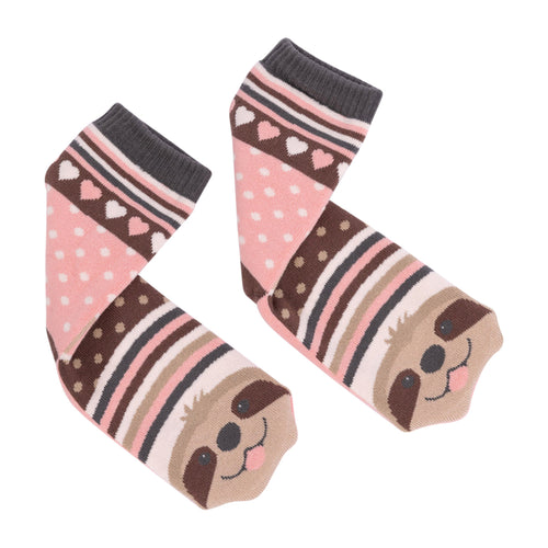 Pair of socks with sloth design on a white background