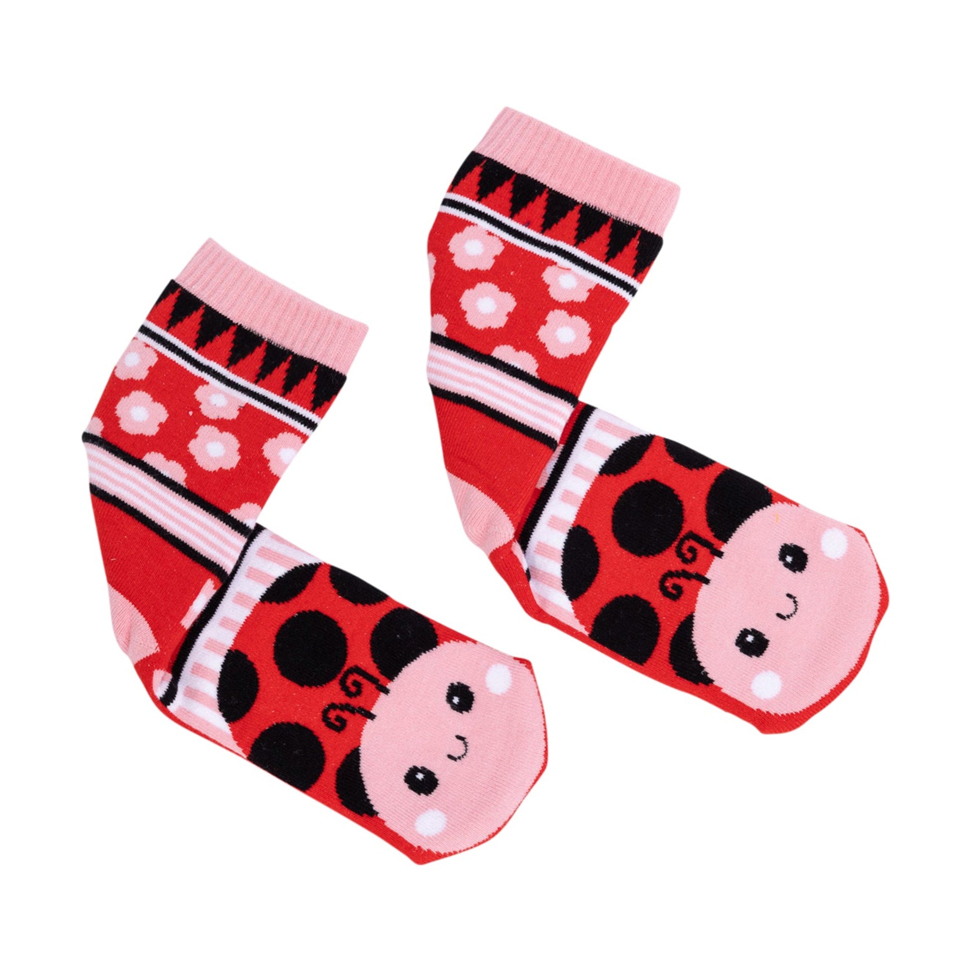 Pair of children's socks with ladybug design on a white background