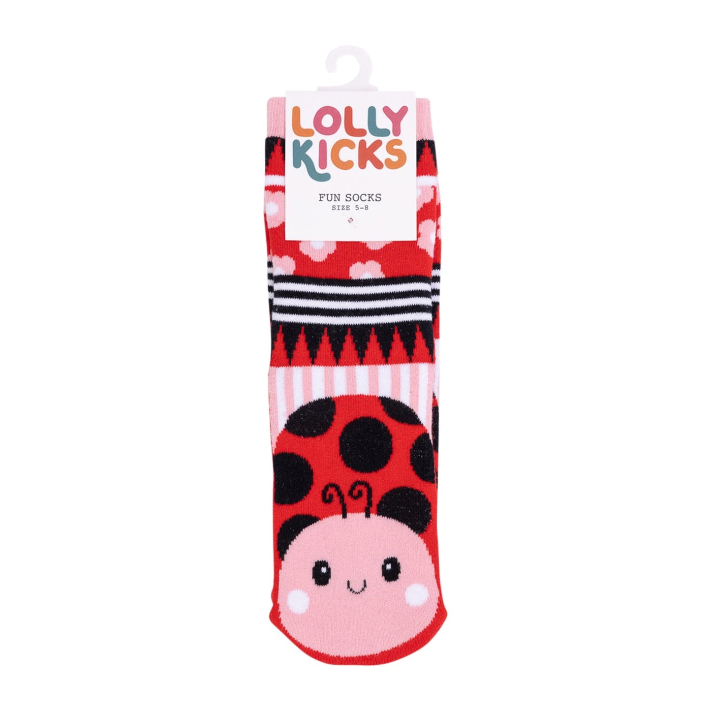 Lolly Kicks fun socks with a ladybug design on a white background
