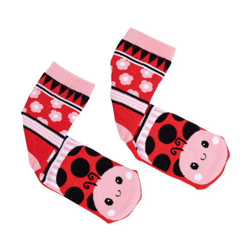 Pair of children's socks with ladybug design on a white background
