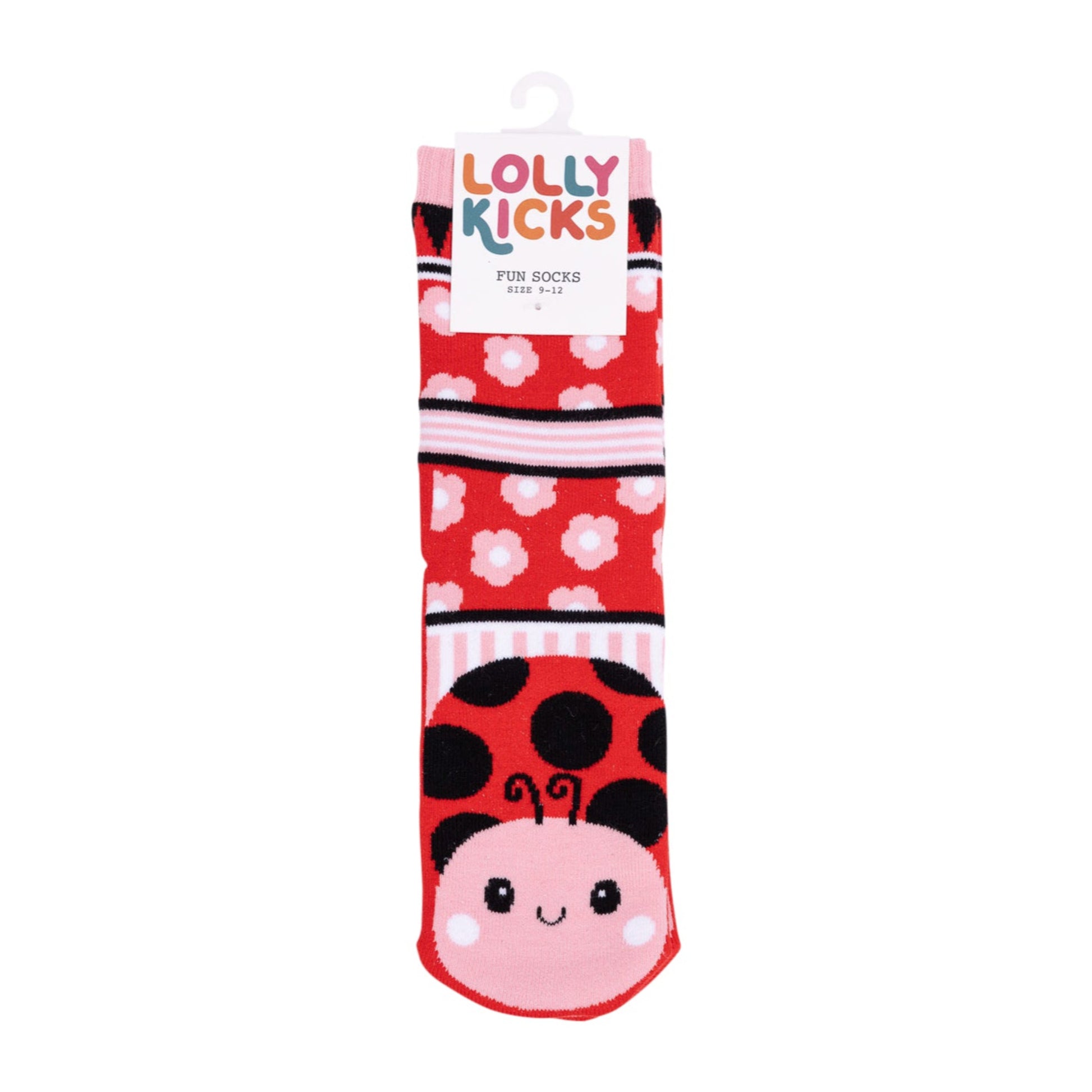 Red sock with black ladybug design and white flowers, labeled 'Lolly Kicks', on a white background.