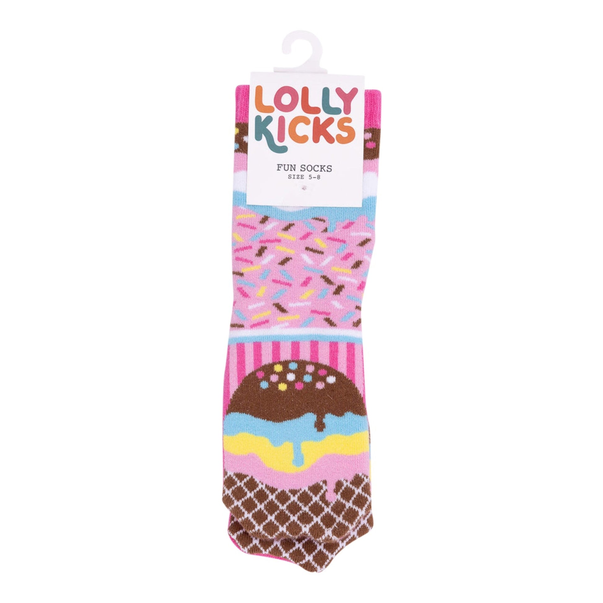 Colorful ice cream cone sock with 'Lolly Kicks' branding on a white background