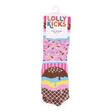 Load image into Gallery viewer, Colorful ice cream cone sock with &#39;Lolly Kicks&#39; branding on a white background
