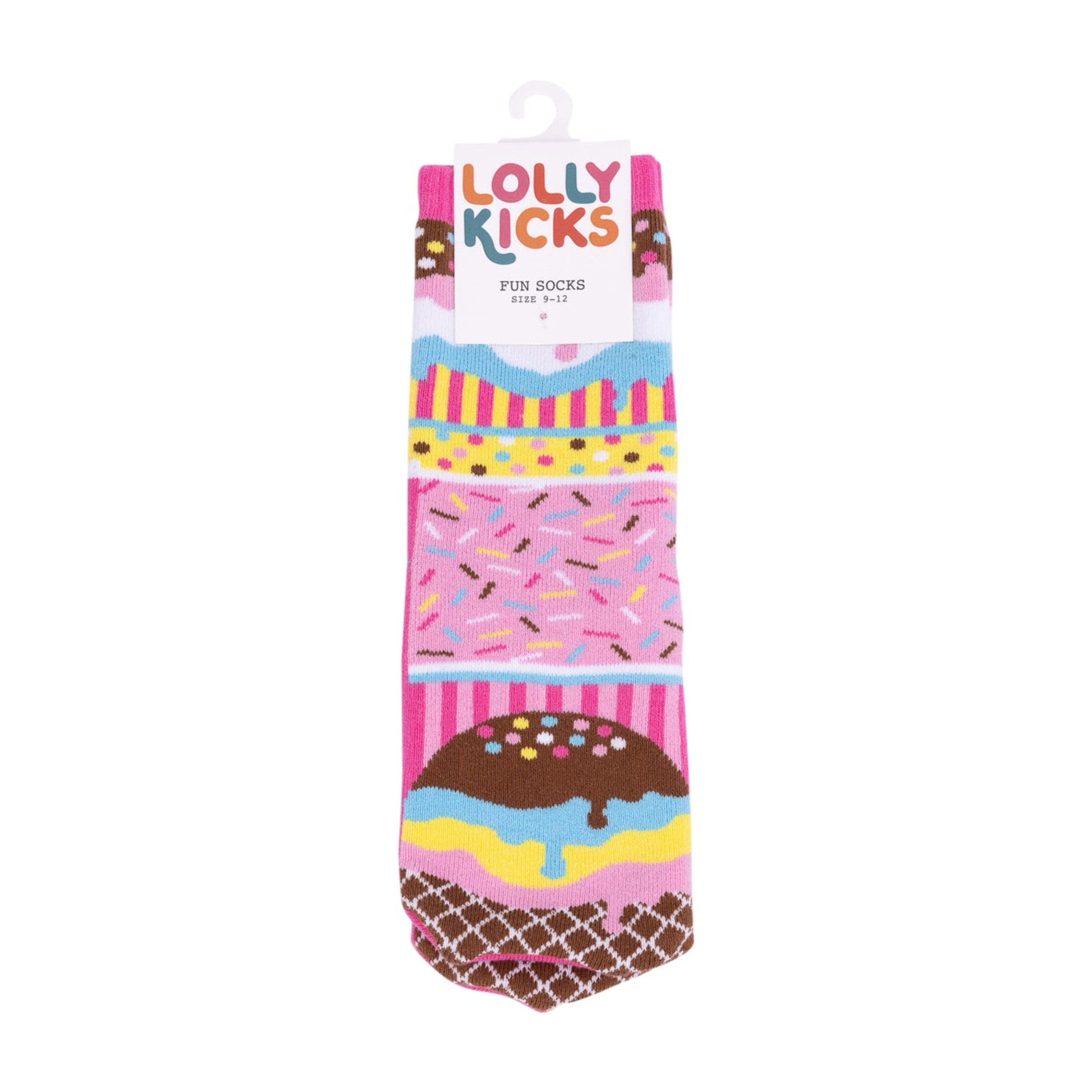 Colorful socks with ice cream cone design on a white background