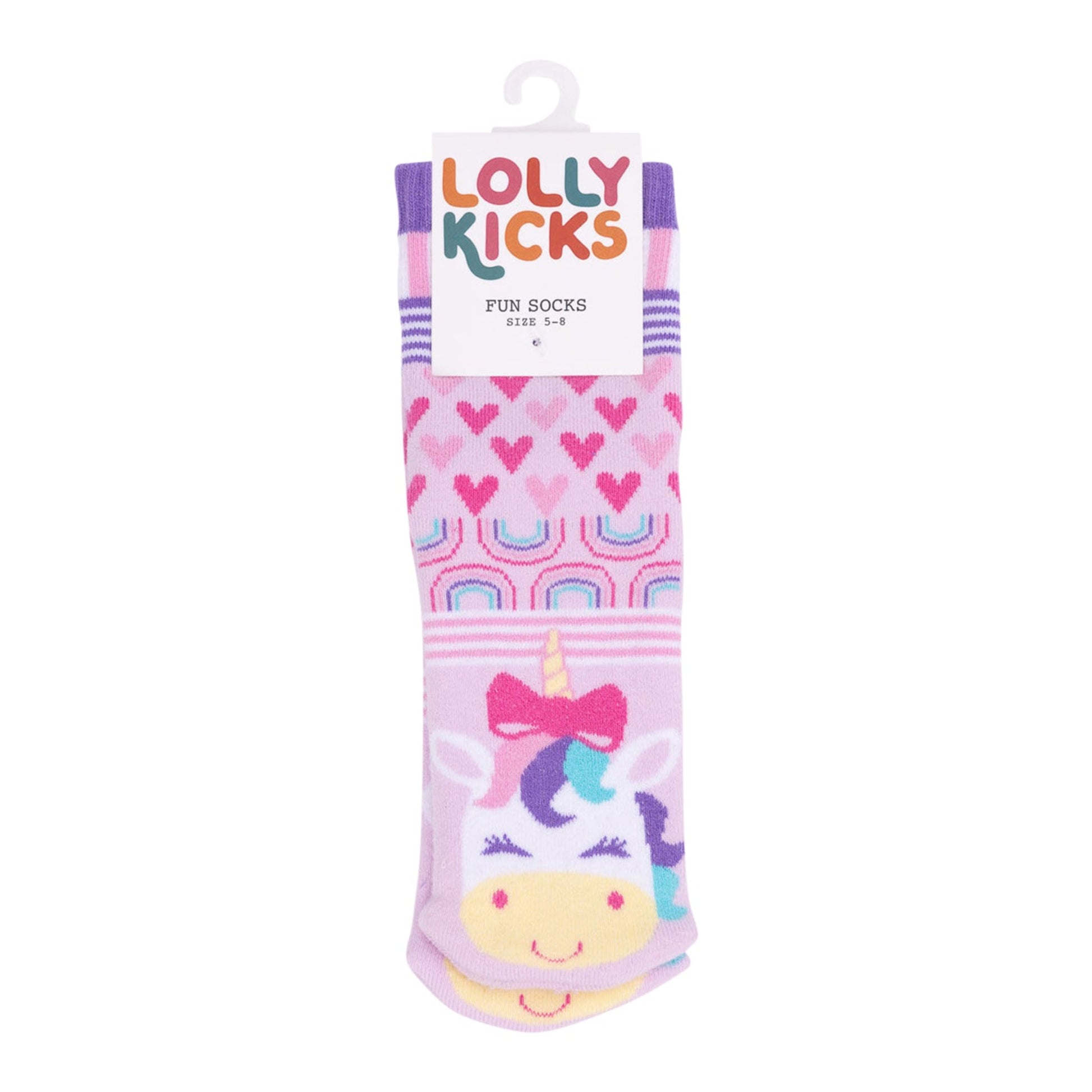 Pink children's socks with unicorn design and heart patterns, branded 'Lolly Kicks', on a white background.