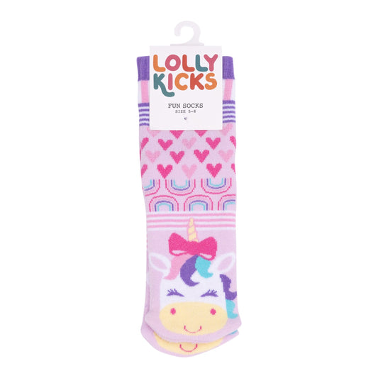 Pink children's socks with unicorn design and heart patterns, branded 'Lolly Kicks', on a white background.