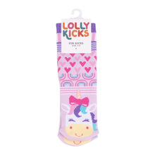 Load image into Gallery viewer, Pink children&#39;s socks with unicorn design and heart patterns, branded &#39;Lolly Kicks&#39;, on a white background.
