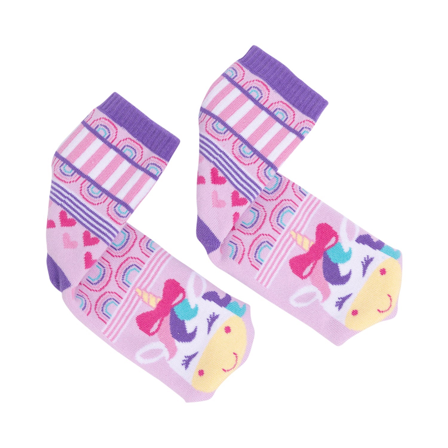 Pair of colorful children's socks with patterns on a white background