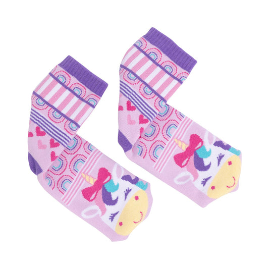 Pair of colorful children's socks with patterns on a white background