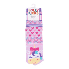 Load image into Gallery viewer, Pink children&#39;s socks with unicorn design and heart patterns, branded &#39;Lolly Kicks&#39;, on a white background.
