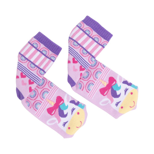 Pair of colorful children's socks with patterns on a white background
