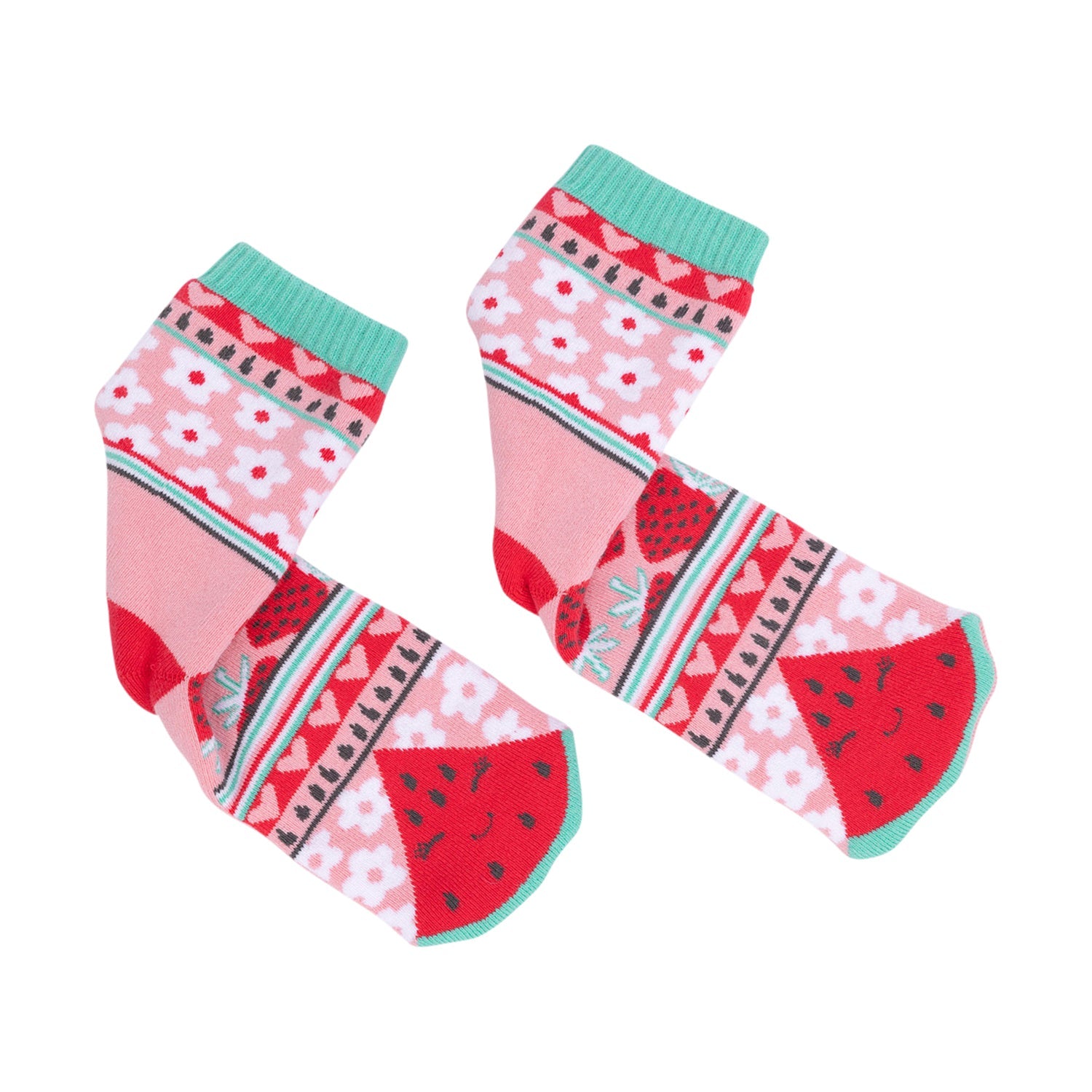Pair of socks with watermelon and floral pattern on a white background