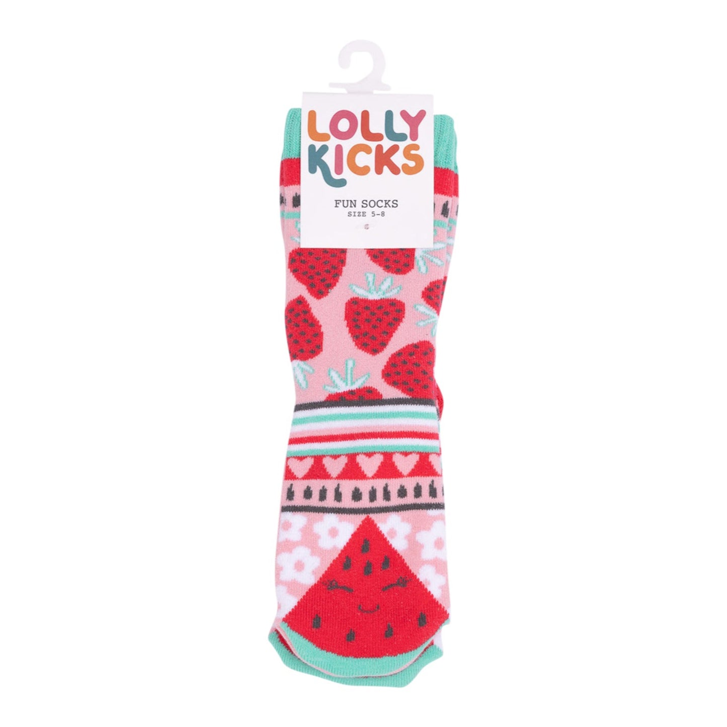 Pack of socks with strawberry and watermelon design on a white background, branded 'Lolly Kicks'.