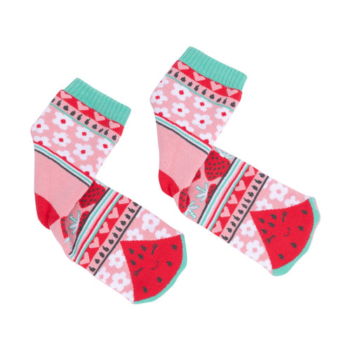 Pair of socks with watermelon and floral pattern on a white background