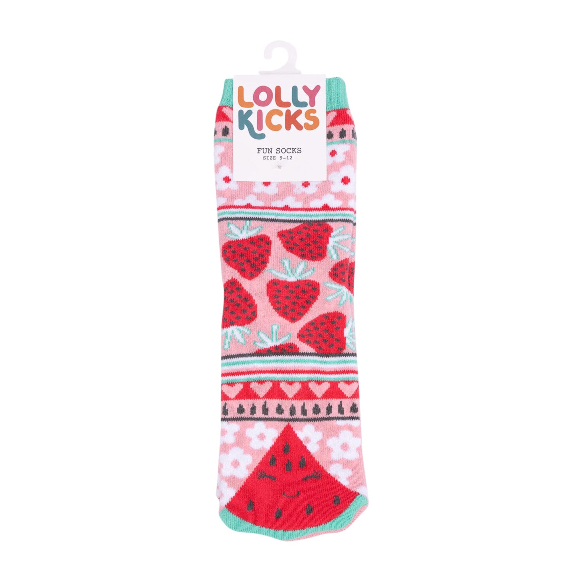 Sock with strawberry and watermelon pattern on a white background, featuring 'Lolly Kicks' branding.