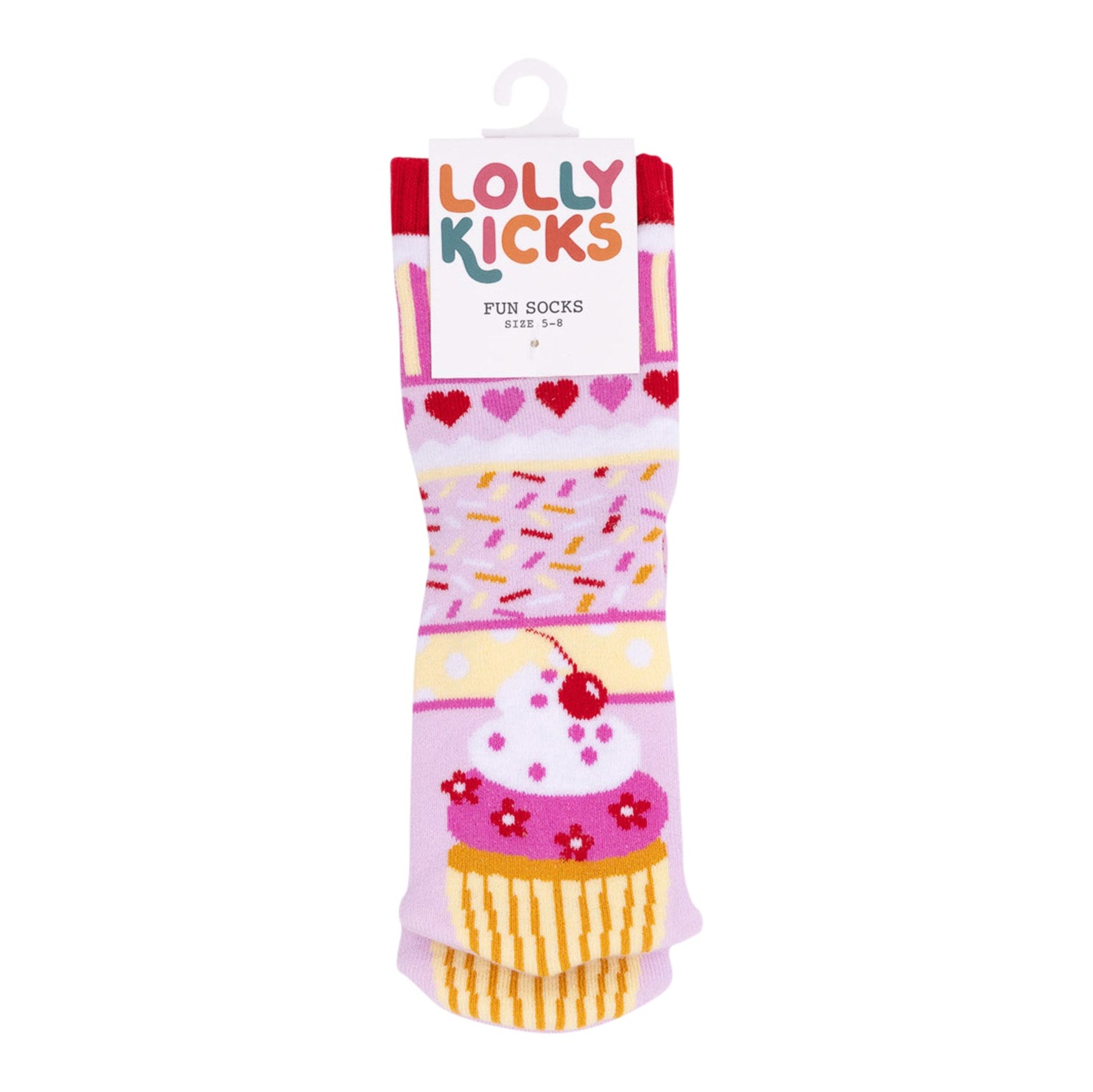Packaged children's socks with cupcake design and 'Lolly Kicks' branding on a white background