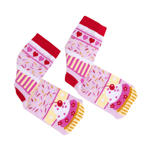 Colorful socks with heart and donut patterns on a white background