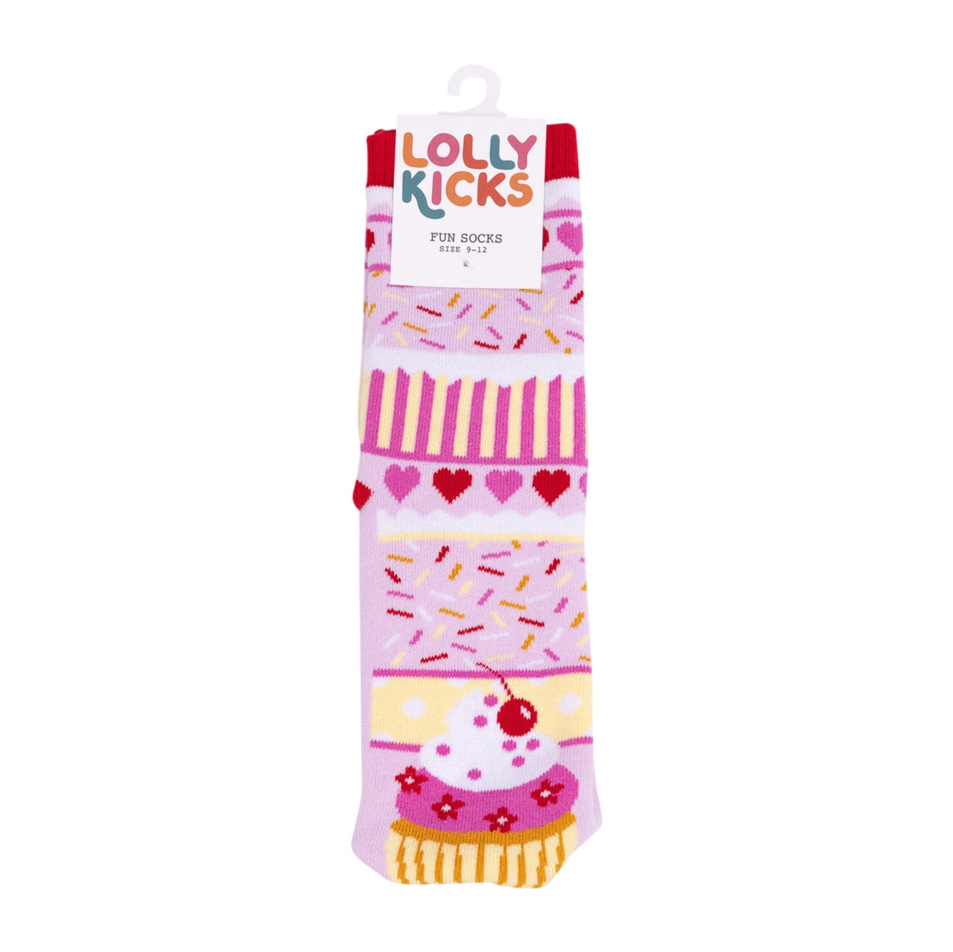 Colorful socks with heart and cherry design on a white background